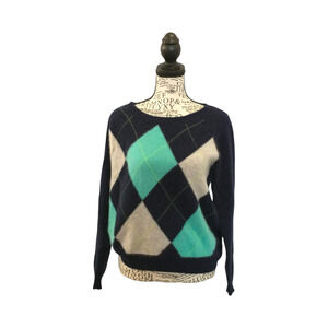 Women's Crew Neck Argyle 100% Cashmere Sweater Large Preppy Soft Trendy Layers